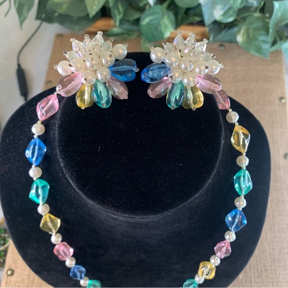 Vintage Colorful Beaded Faux Pearl Necklace & Bead Cluster Pierced Earrings 25" - Picture 7 of 16